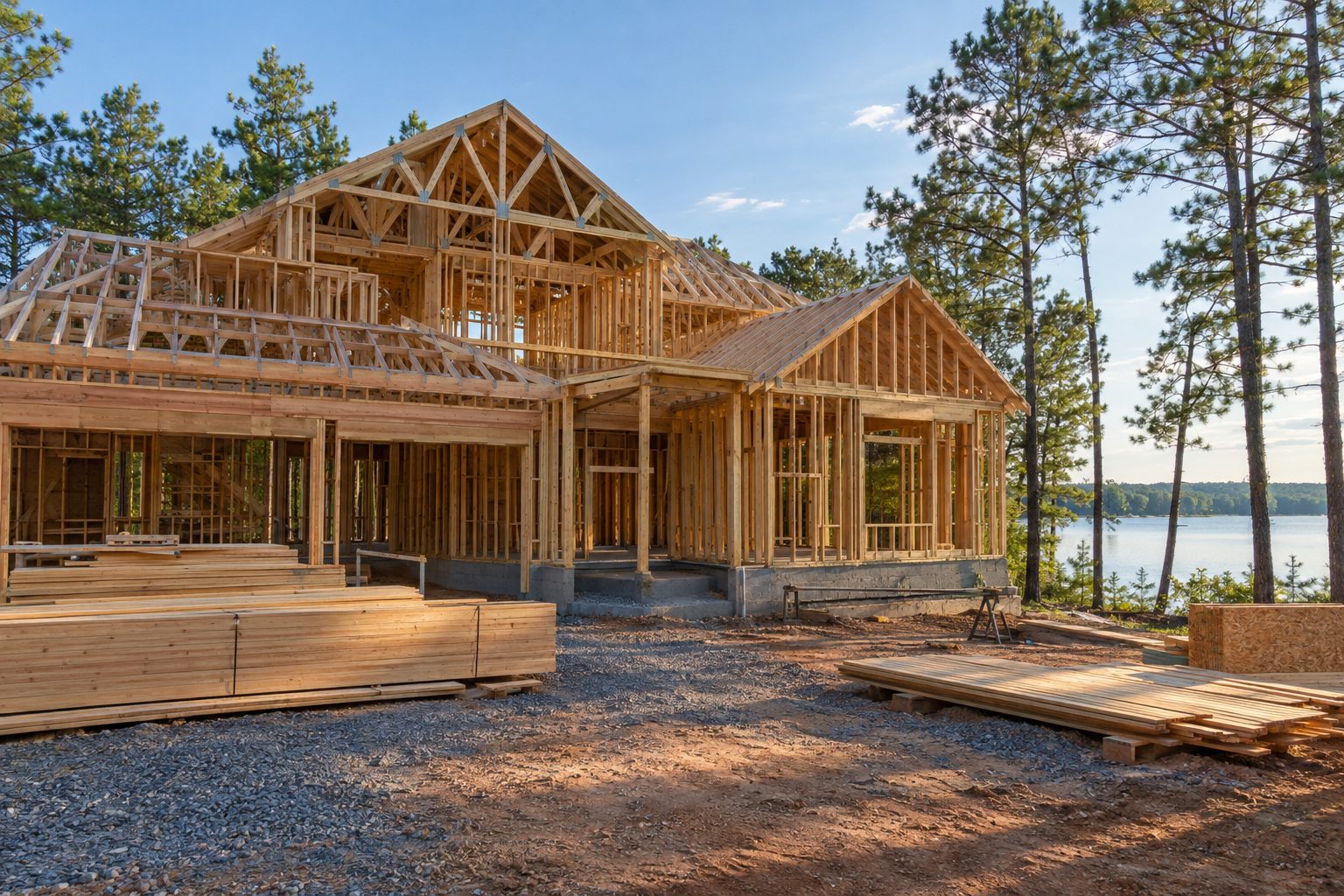 Timber framing of a custom home under construction near the lake