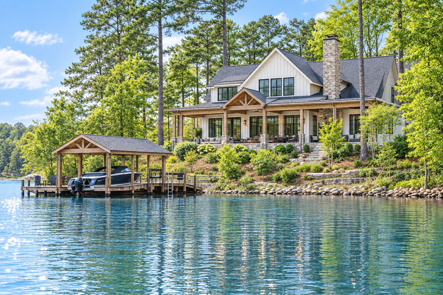 Custom craftsman lake house with a stone chimney and private boat dock at golden hour