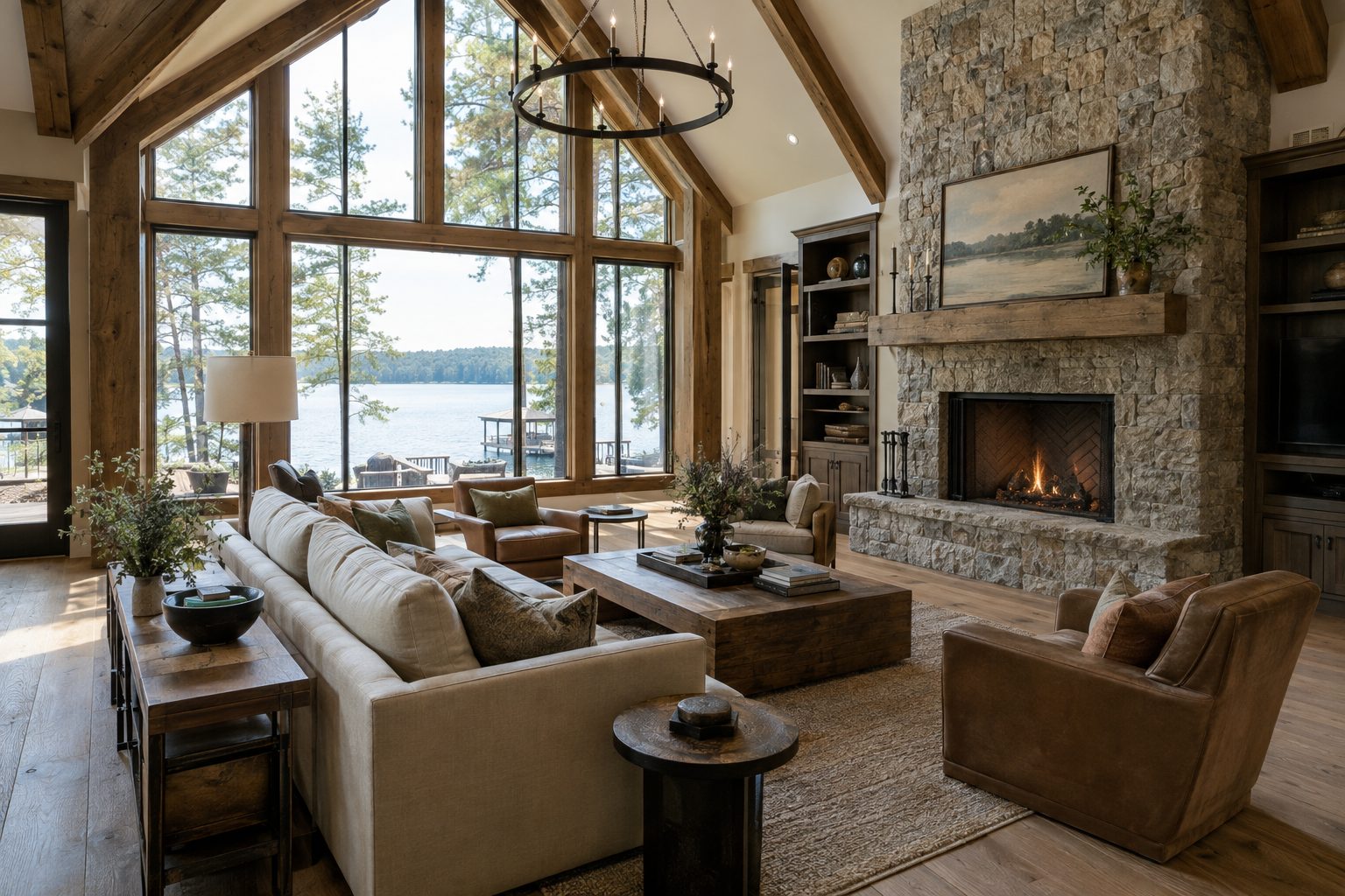 Great room with timber beams, stone fireplace, and floor-to-ceiling lake views