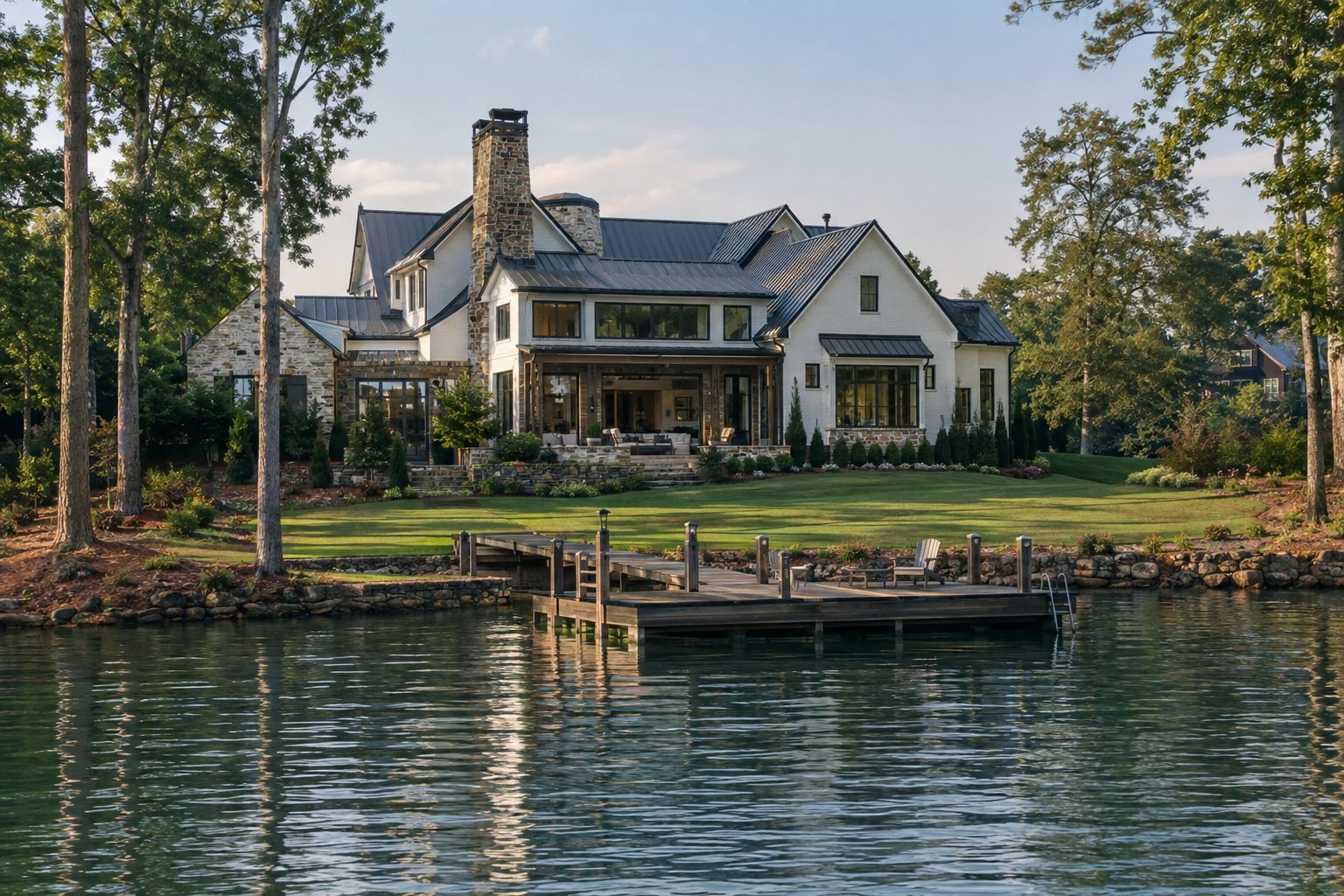 Custom stone and brick lake home with a flag dock on Lake Oconee