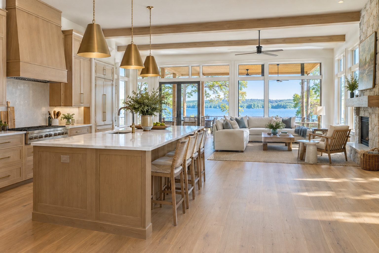 Remodeled lake house kitchen with a white oak island and windows overlooking the lake