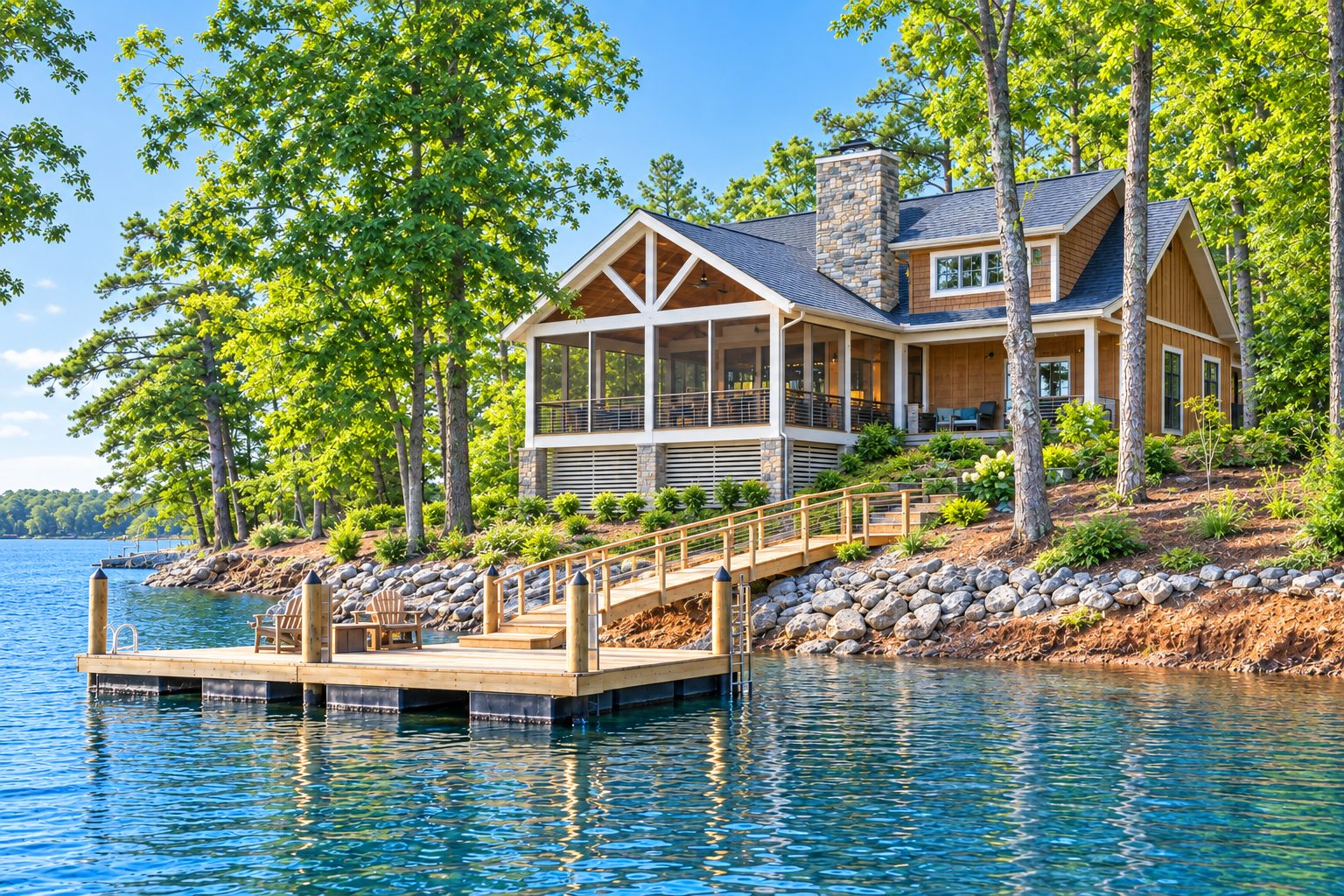 Craftsman lake cottage with a screened porch on a wooded Lake Sinclair cove